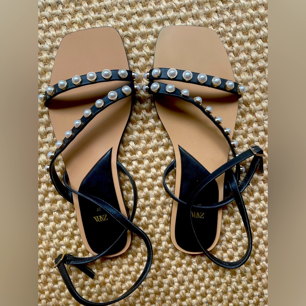 ZARA pearl studded leather strappy sandals